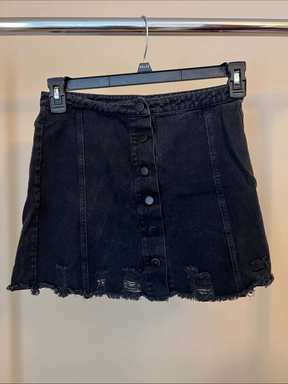 Very J Black Distressed Button-Front Denim Mini Skirt